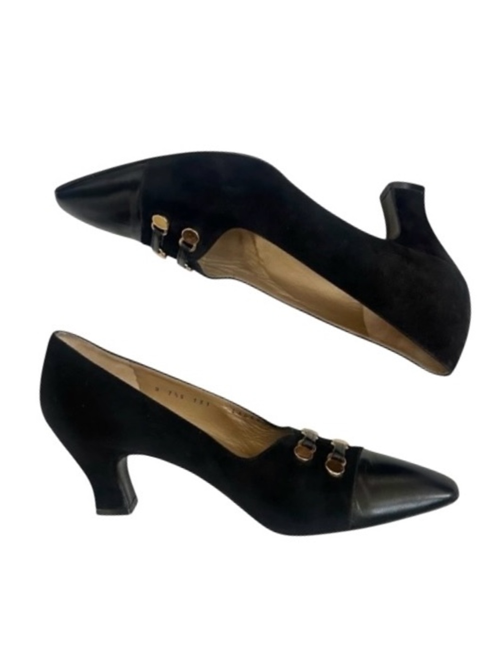 St. John Black Suede Leather Cap Toe Heels with Goldtone Hardware Size 7.5 - Picture 4 of 10